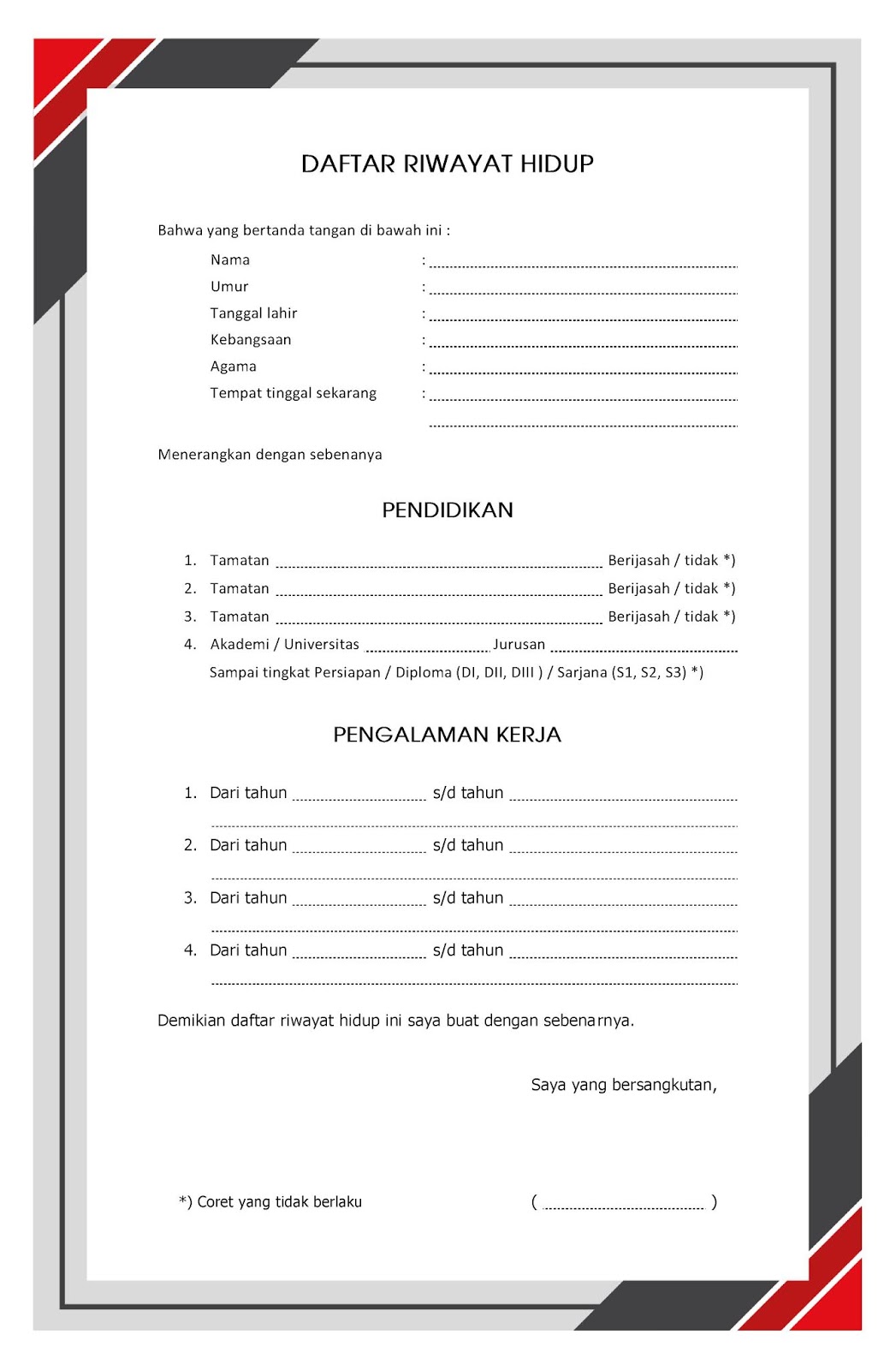 Daftar riwayat hidup cv kosong doc pdf word tulis tangan